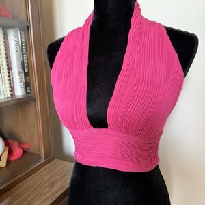 SHEIN Hot Pink ICON Solid Backless Crop Halter Wavy Textured Top Size Small